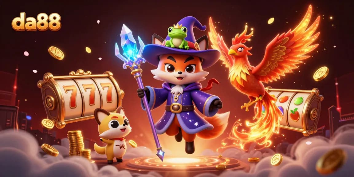 Experience da88's thrilling slots with a mystical fox wizard, phoenix, and floating slot reels
