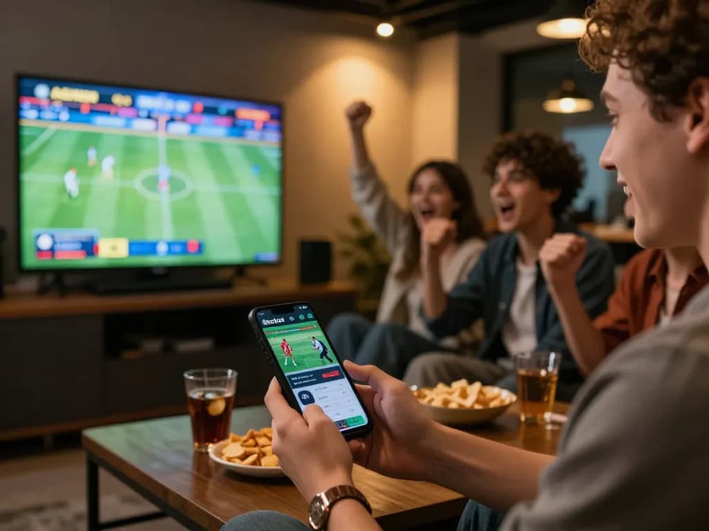 Engaging in sbobet sports betting with friends in a cozy lounge setting, capturing excitement and strategy.