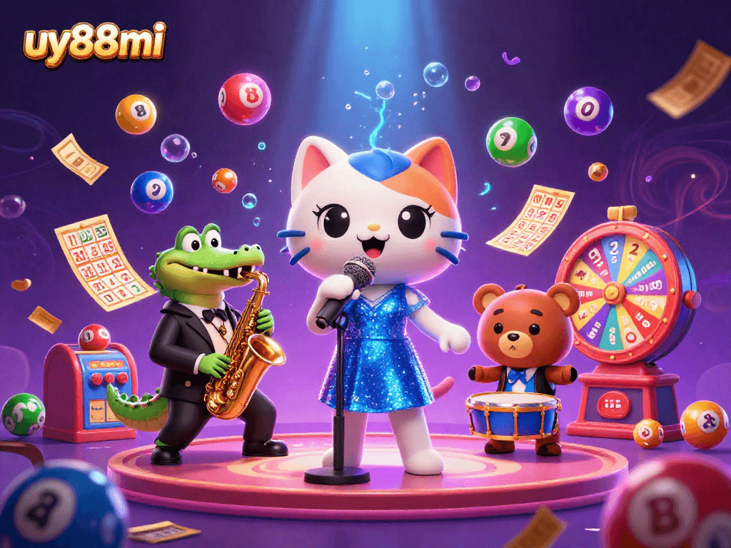 Experience the excitement of uy88mi with a jazzy cat, crocodile, and bear amid dynamic casino elements.