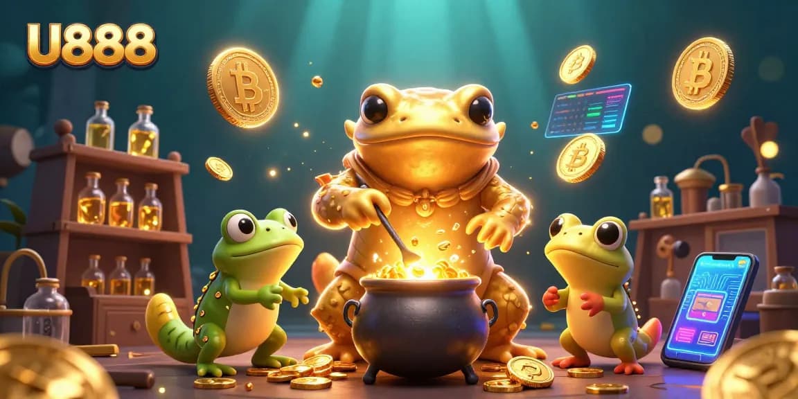 U888 casino scene featuring an alchemist and apprentice creating gold coins.