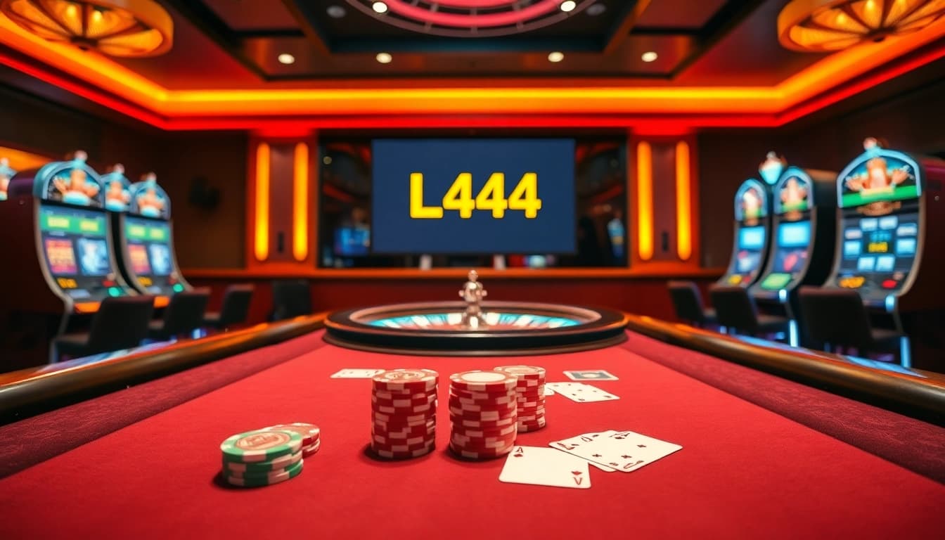 L444 players enjoying a vibrant casino atmosphere with poker chips and roulette wheel, showcasing premier betting options.