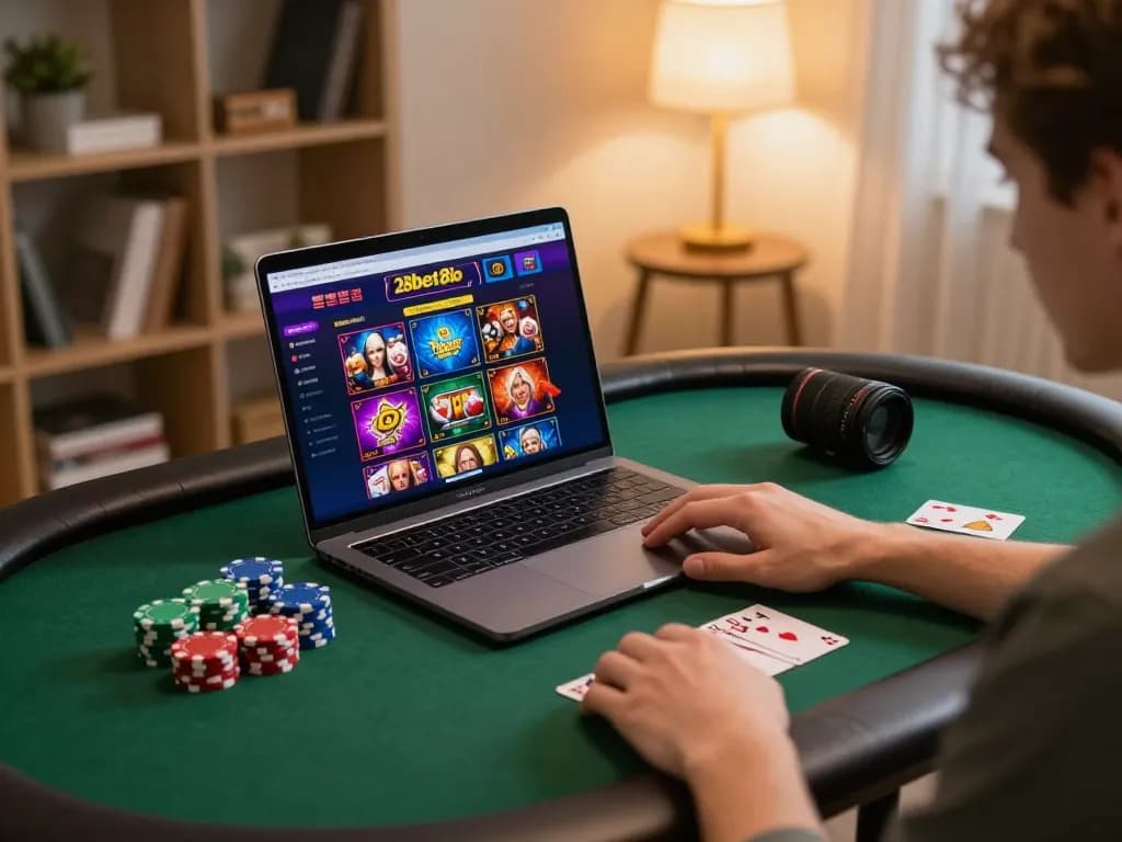 Engaging gameplay on the 28bet8io platform at a cozy home setup with laptop and chips.