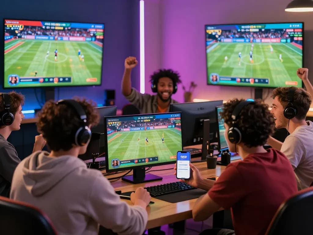 Colorful gaming scene illustrating players enjoying the QE8 online betting platform with sports events and live chat support, capturing the excitement of online gambling.