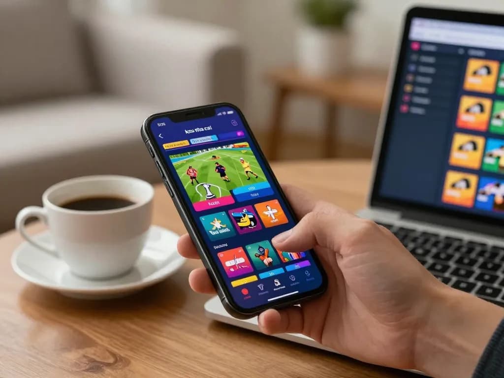 Engaging in the keo nha cai app for sports betting on a smartphone at home, showcasing strategic gameplay.