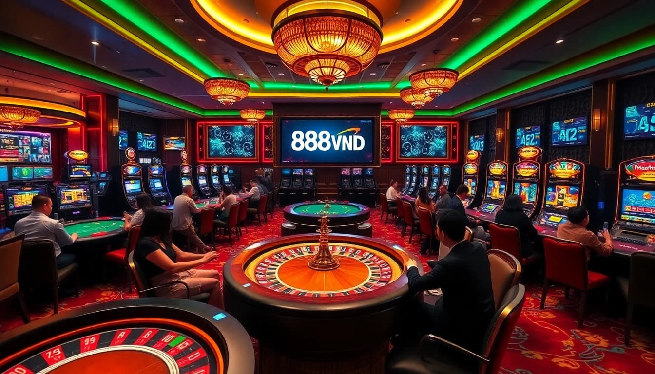 Players engaging with slot machines and poker tables in a luxurious 888VND casino environment.