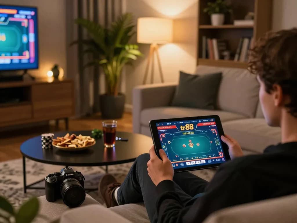 Player engaging with tr88 online poker game on tablet in a cozy living room setting