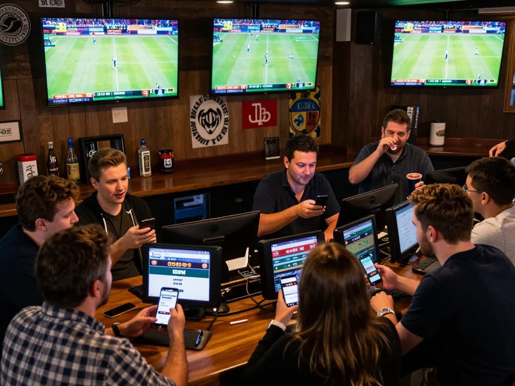 Patrons engaging in sports betting and checking the 188bet link on their smartphones in a lively sports bar.