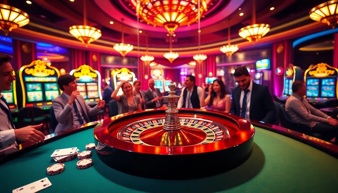 Experience the thrill of gambling at https://mm88.vin/ with a luxurious roulette table and excited players.
