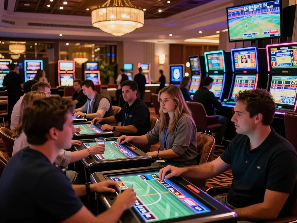 Sports betting enthusiasts placing bets in a lively lounge at Sunwin Casino, electrifying atmosphere.