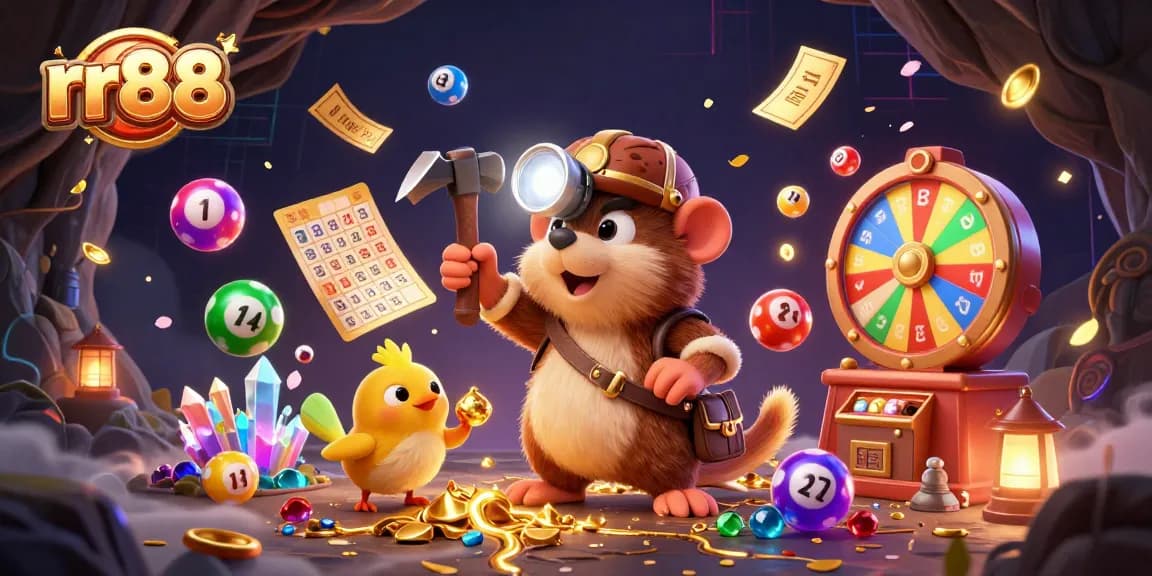 rr88 treasure hunter mole and canary celebrate lottery wins amidst vibrant gaming elements