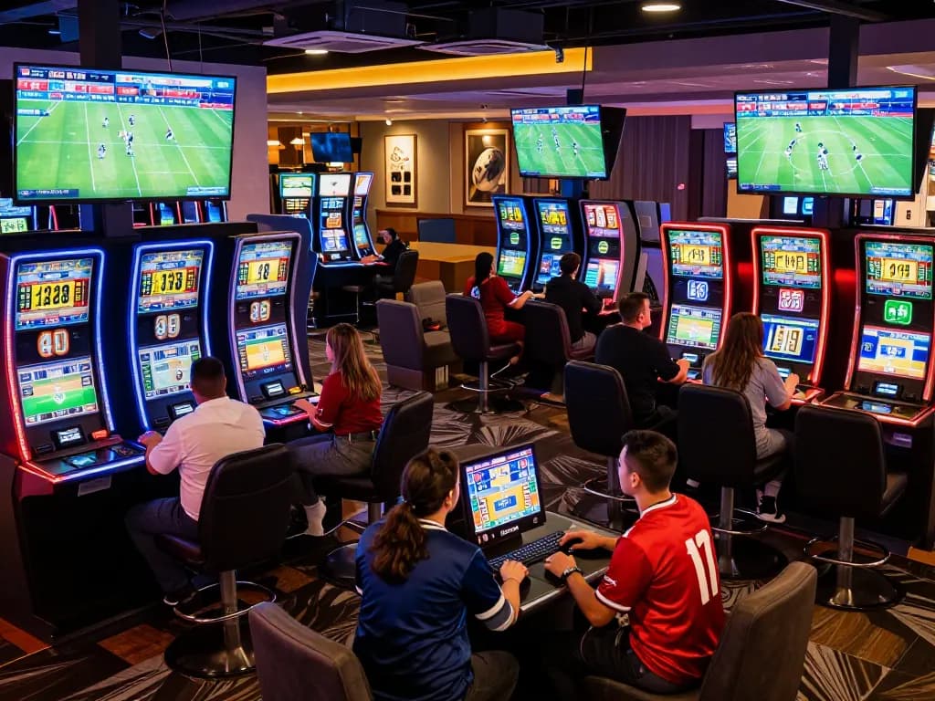Patrons engaged in sports betting at keonhacaii88's modern lounge with vibrant screens