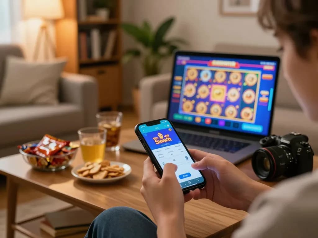 Sunwin user engaging with casino app on smartphone in a cozy setting.