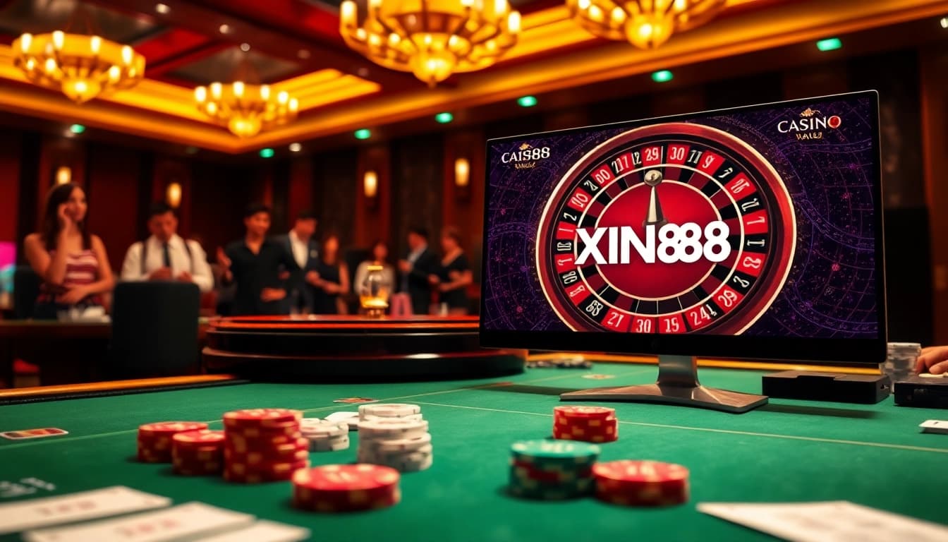 Engaging casino atmosphere with Trang Chủ XIN88 logo on gaming table and roulette wheel, showcasing excitement.