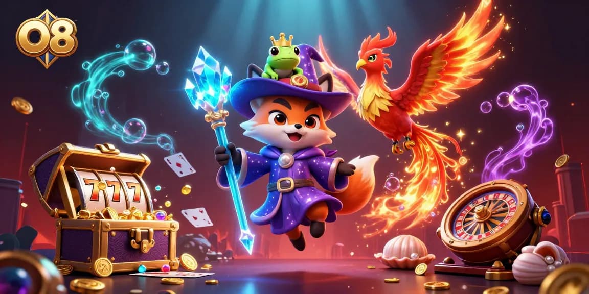 Winning at O8: a wizard fox and phoenix in a vibrant 3D casino scene with engaging gambling elements.