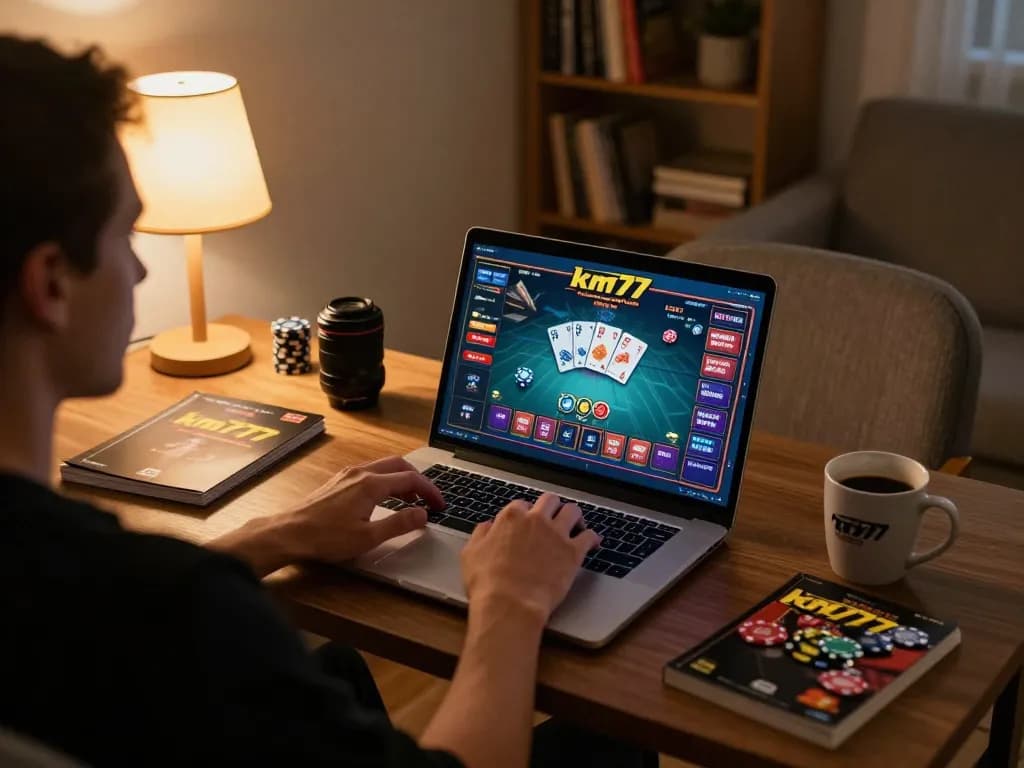 Person engaging with the km777 online casino game interface at home, showcasing a relaxing gaming atmosphere.
