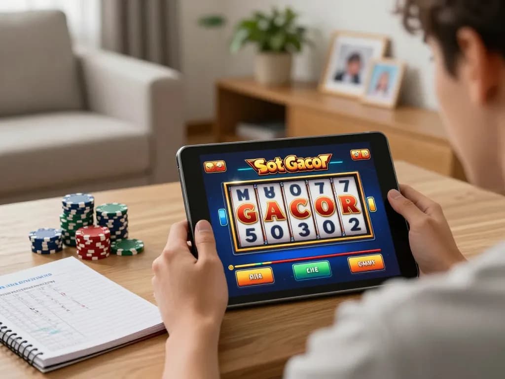Playing online Slot Gacor game on tablet at home, relaxing atmosphere with strategic notes nearby.