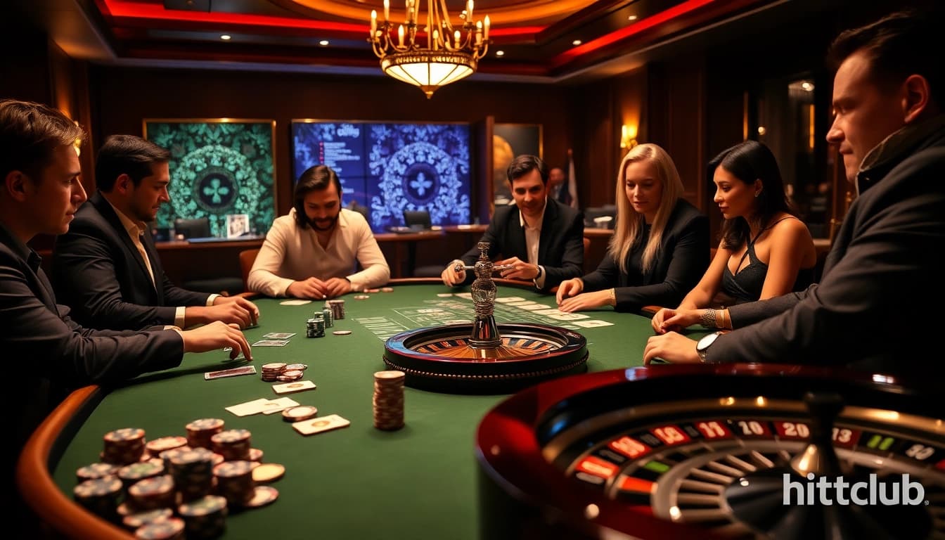 Players enjoying a thrilling poker game at hitclub casino with vibrant atmosphere.
