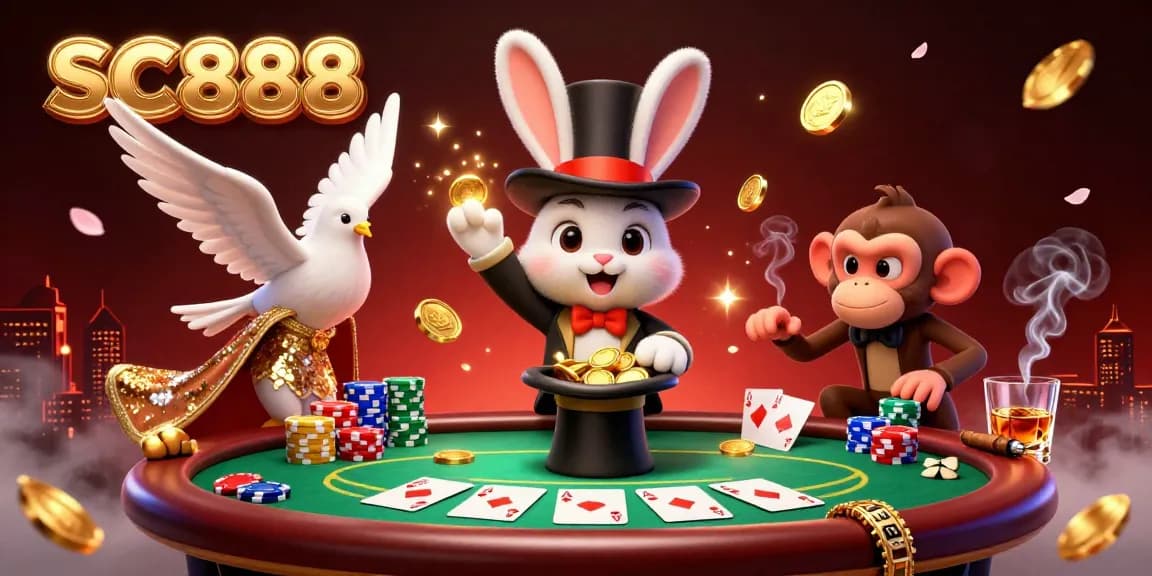 Experience the thrill of SC888 with a magician rabbit and dazzling casino elements in this vibrant illustration.