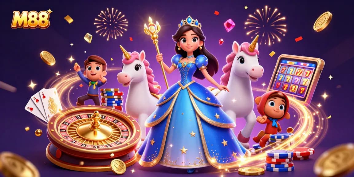 M88 casino illustration featuring a woman in a royal gown and magical unicorn amidst flying coins and casino elements.