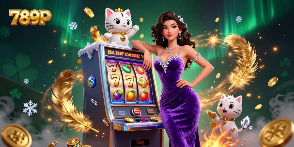 Experience thrilling jackpots at 789P with a stunning woman beside a slot machine!