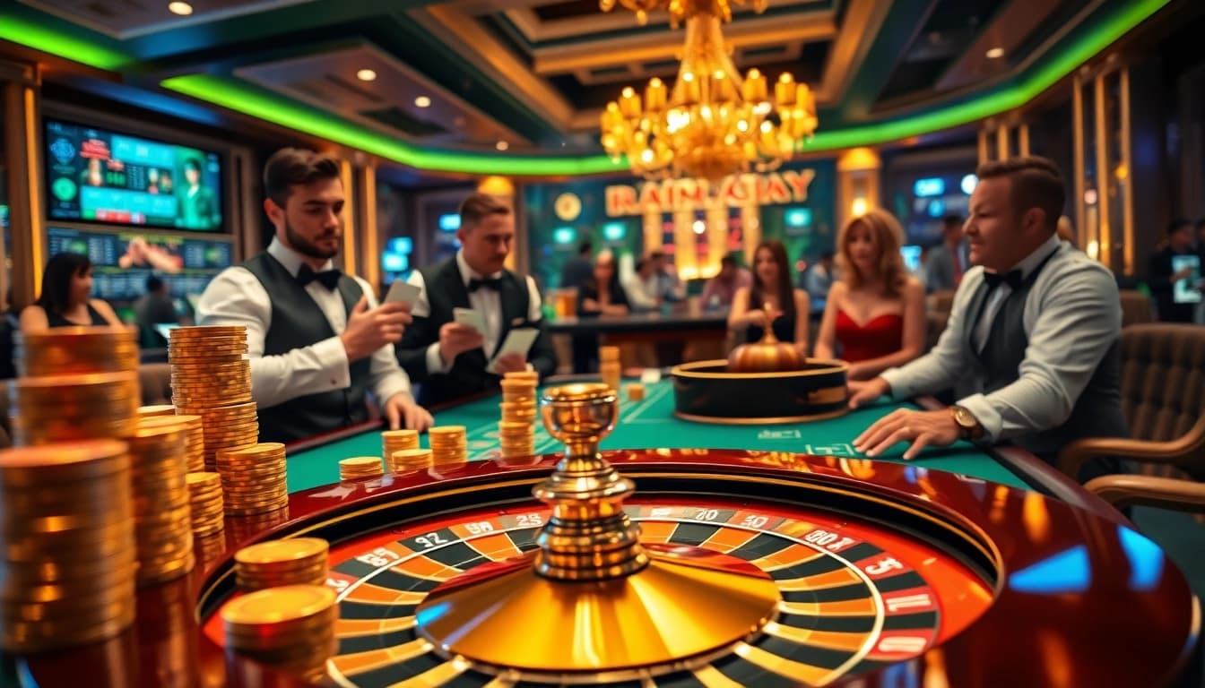 Experience the thrill of winning at https://11win.mobi/ with an exciting casino scene showcasing poker chips and a roulette wheel.
