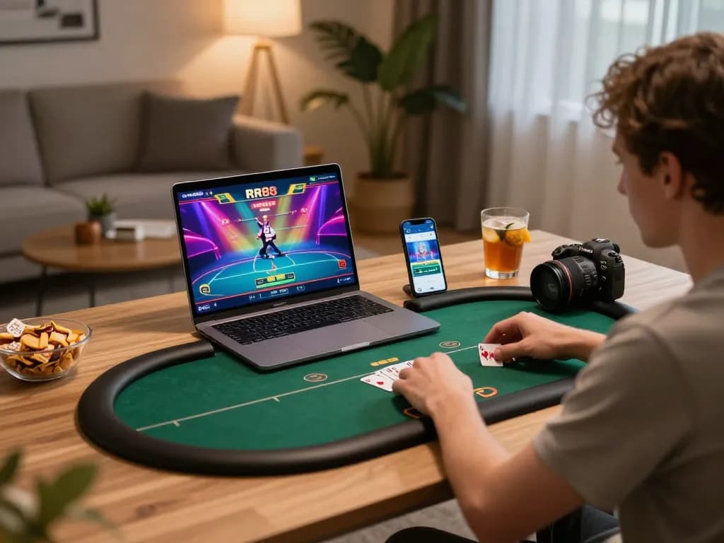 Player enjoying poker on RR88 platform with laptop and smartphone in cozy home setting