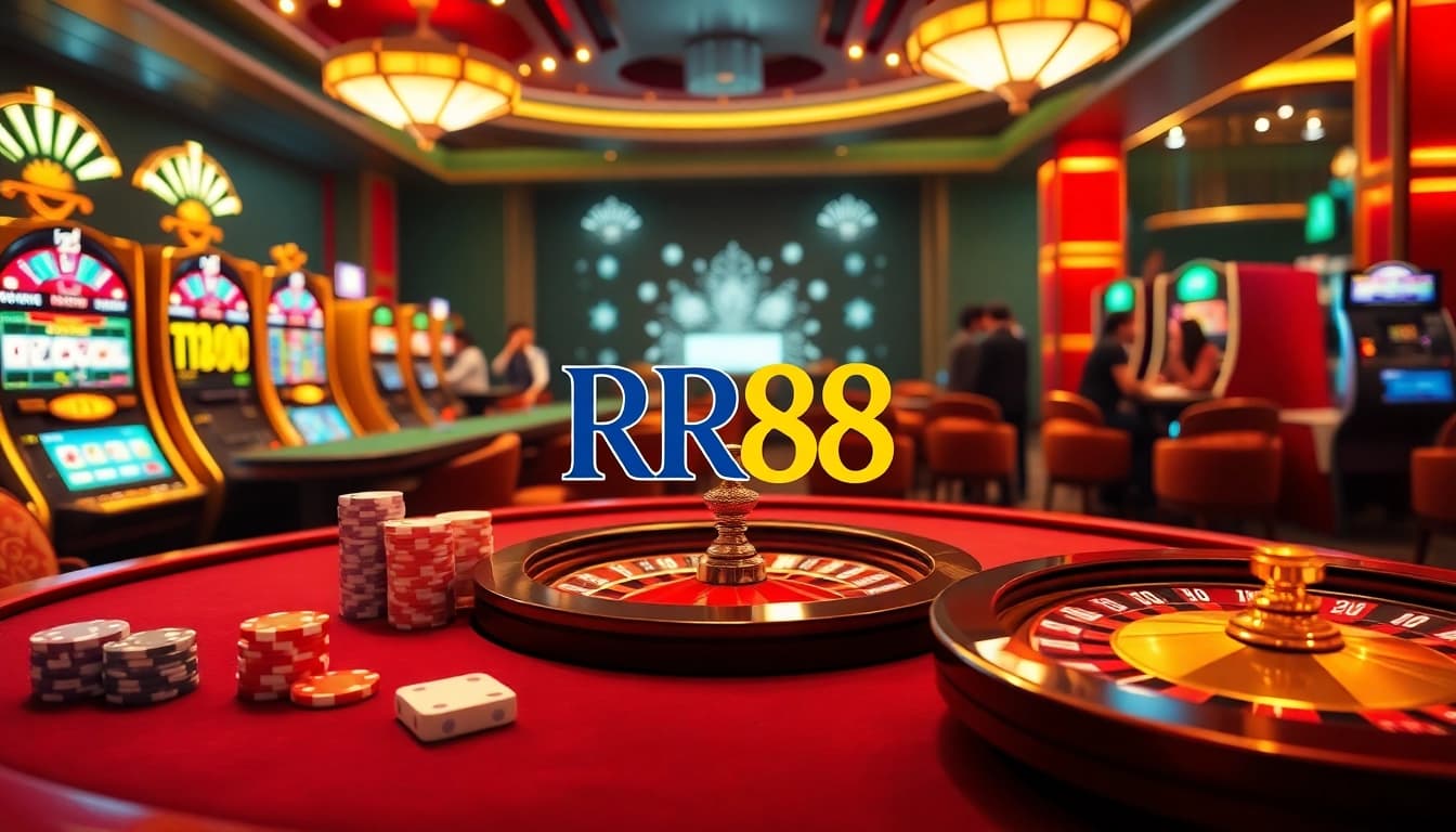 RR88 casino vibrant scene showcasing poker chips, roulette, and a lively gambling atmosphere.