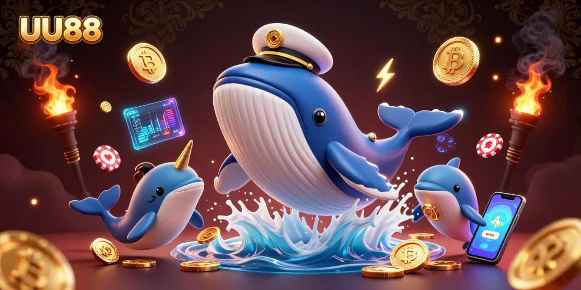 UU88 engages players with a vibrant scene of a cartoon whale and narwhal amidst gold coins and crypto elements.