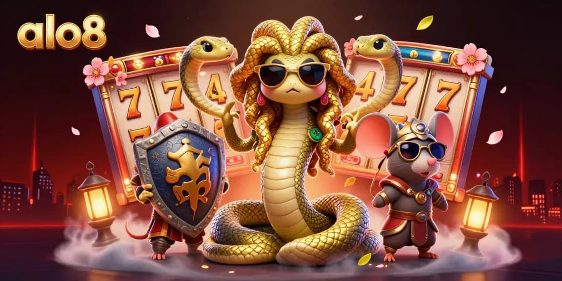 Experience the vibrant excitement of gambling with alo8, featuring a friendly Medusa and a warrior mouse in a lively casino
