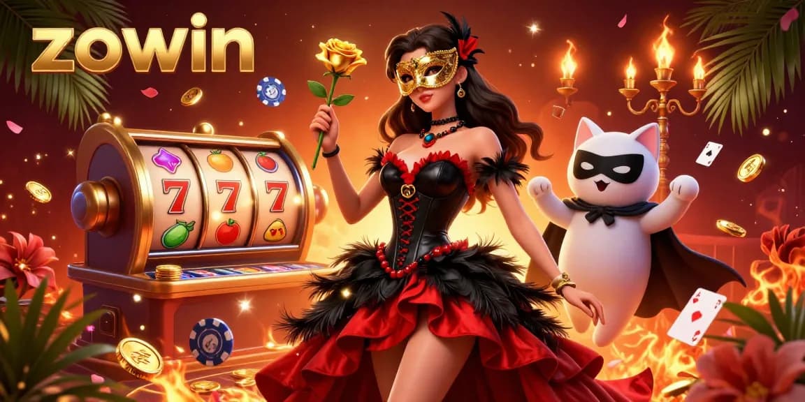 Zowin invites players to enjoy casino excitement with colorful slot reels and captivating characters.