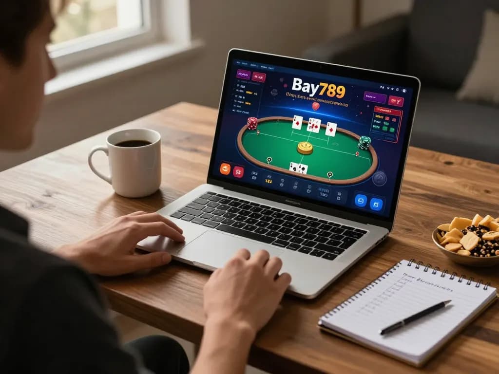 Engaging gameplay on Bay789 online casino platform showcasing poker strategies in a cozy home environment.