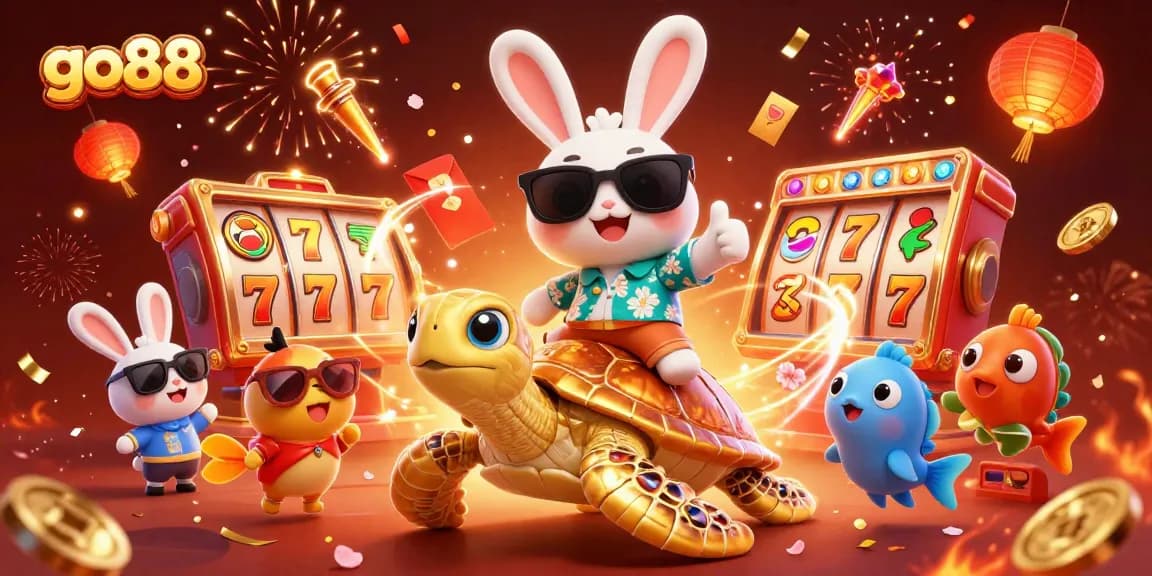 Experience fun gaming adventures with go88's 3D characters in a vibrant casino scene.
