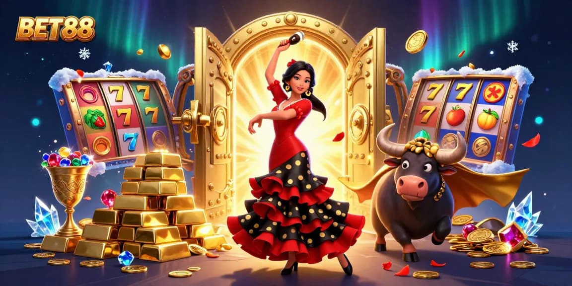 Experience the thrill of BET88 with vibrant slot reels and treasures in a dynamic casino scene.