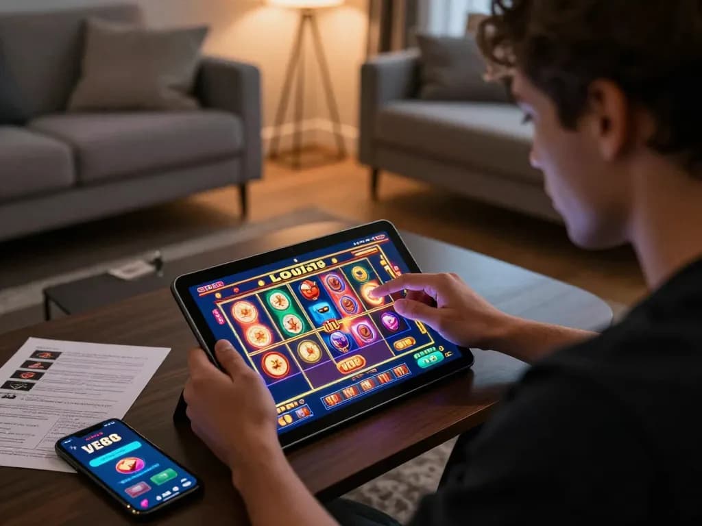 Player enjoying immersive slot games on LV88 app in a cozy home setting.