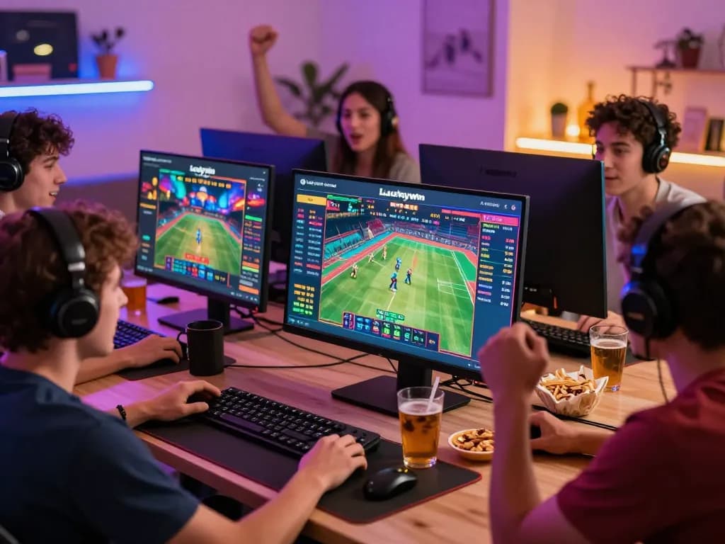 Exciting Luckywin online gaming scene with friends engaged in sports betting