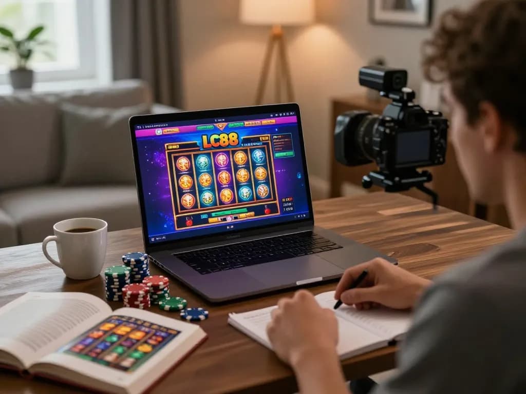 Engaging LC88 slots gameplay displayed on a laptop in an inviting home gaming setup.