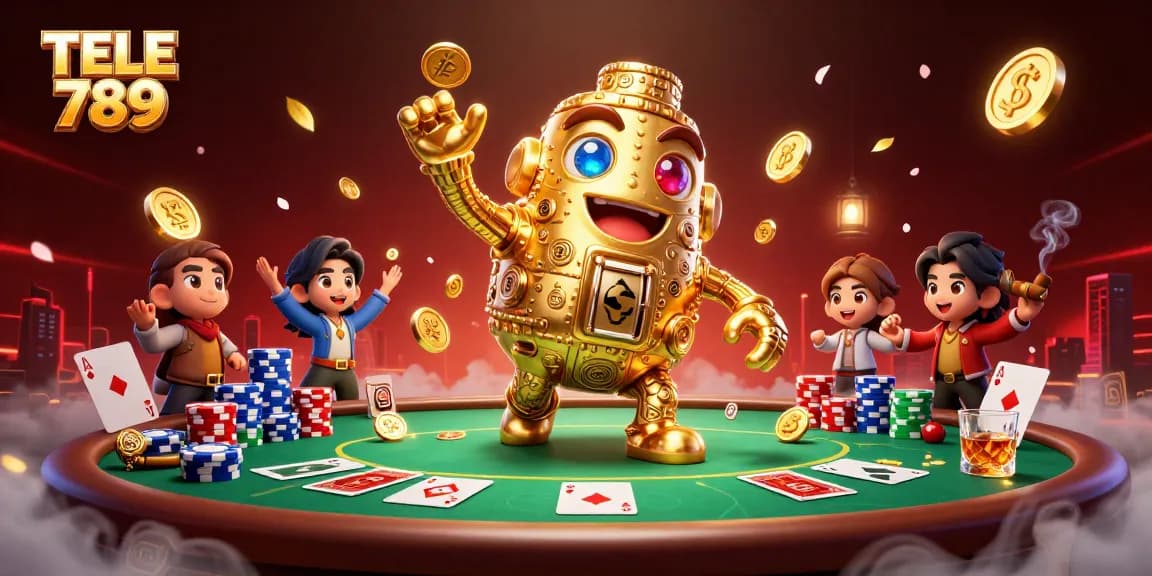 Experience exciting action at TELE 789 with a golden golem amidst a rich casino environment.