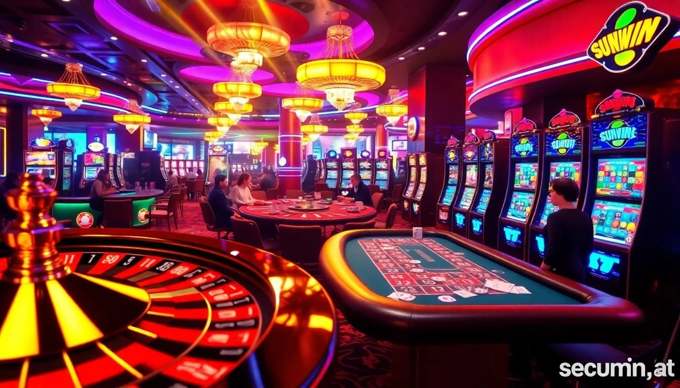 Experience sunwin's thrilling casino action with vibrant players at poker tables and exciting roulette.