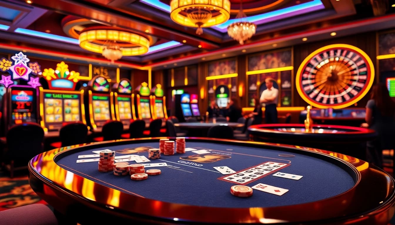 Exciting casino scene featuring card games and slot machines at https://bj88h.org/ for an immersive gambling experience.