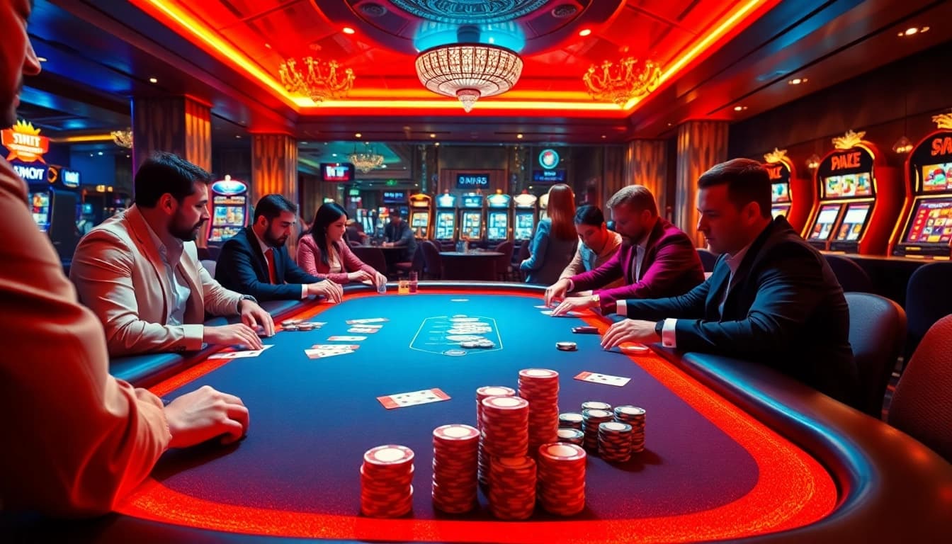 Tense poker game scene at SIN88 casino featuring players, chips, and cards.