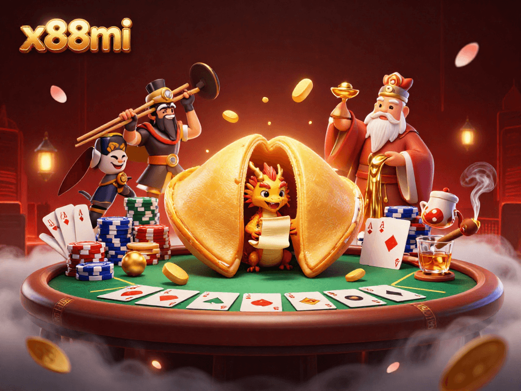 Join the excitement at x88mi with this ultra-detailed 3D casino illustration featuring poker elements and dynamic action.