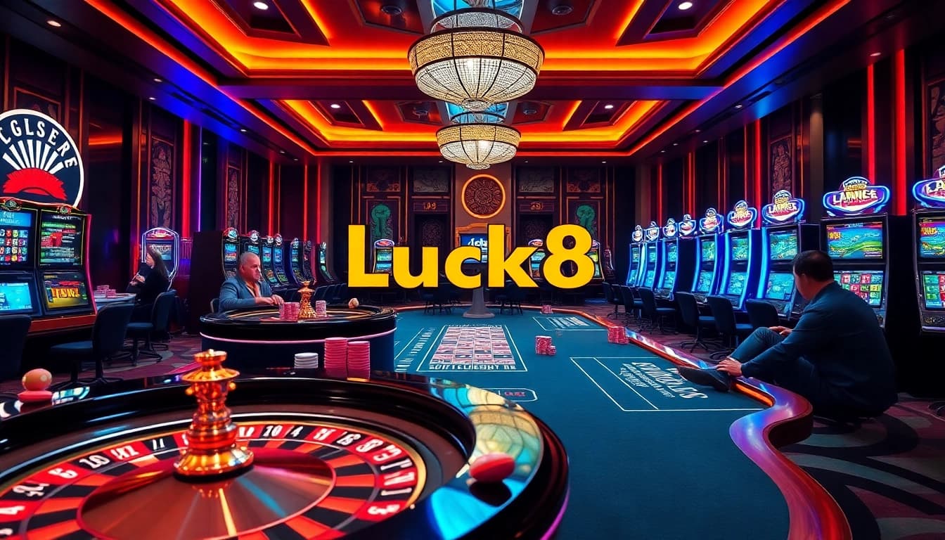 Experience the thrill of gambling with Link Luck8 at an exciting casino scene filled with poker chips and slot machines.
