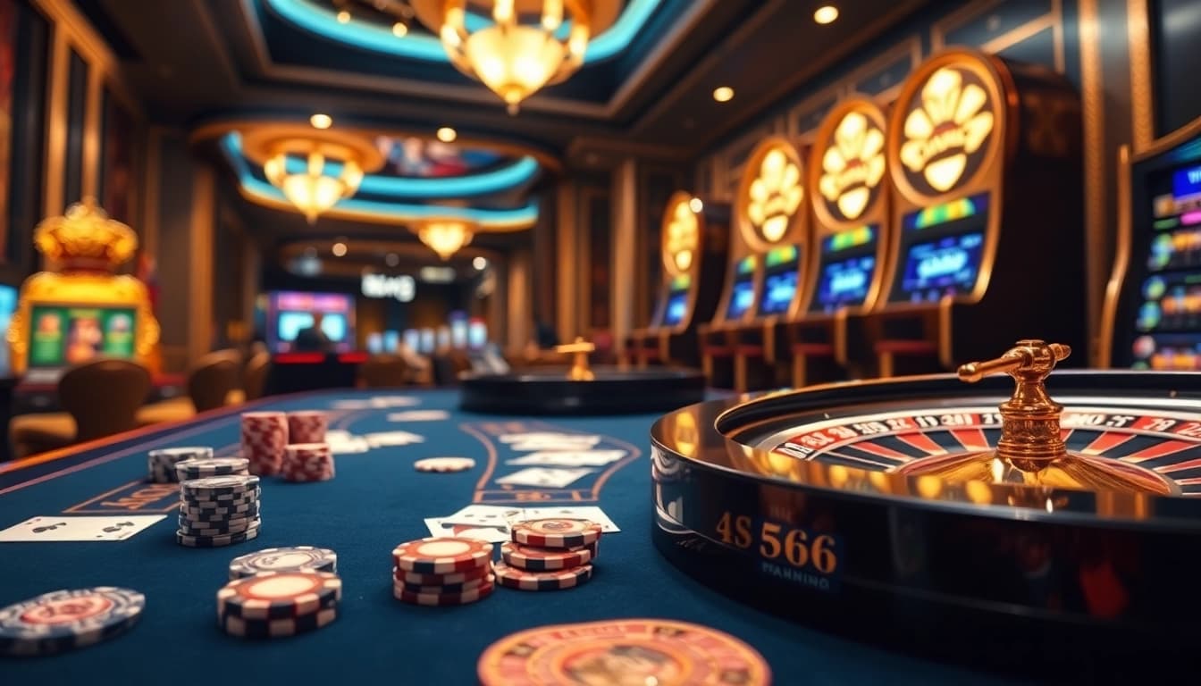 S666 gaming scene with luxurious table, poker chips, and roulette wheel in an upscale casino.
