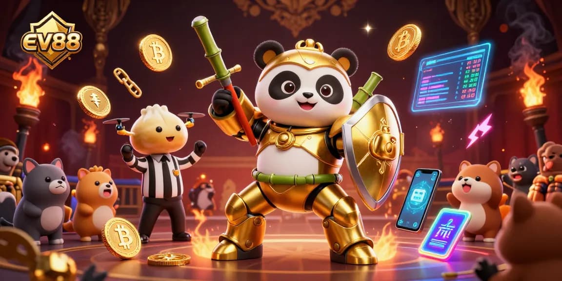 Experience the excitement of ev88 with a thrilling 3D animated panda fighting robot in a lively casino arena.