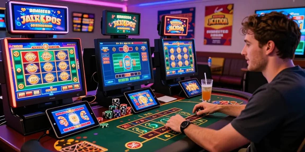 Player engaging with vibrant casinos not on GamStop games, colorful graphics and tokens in a modern home setup.