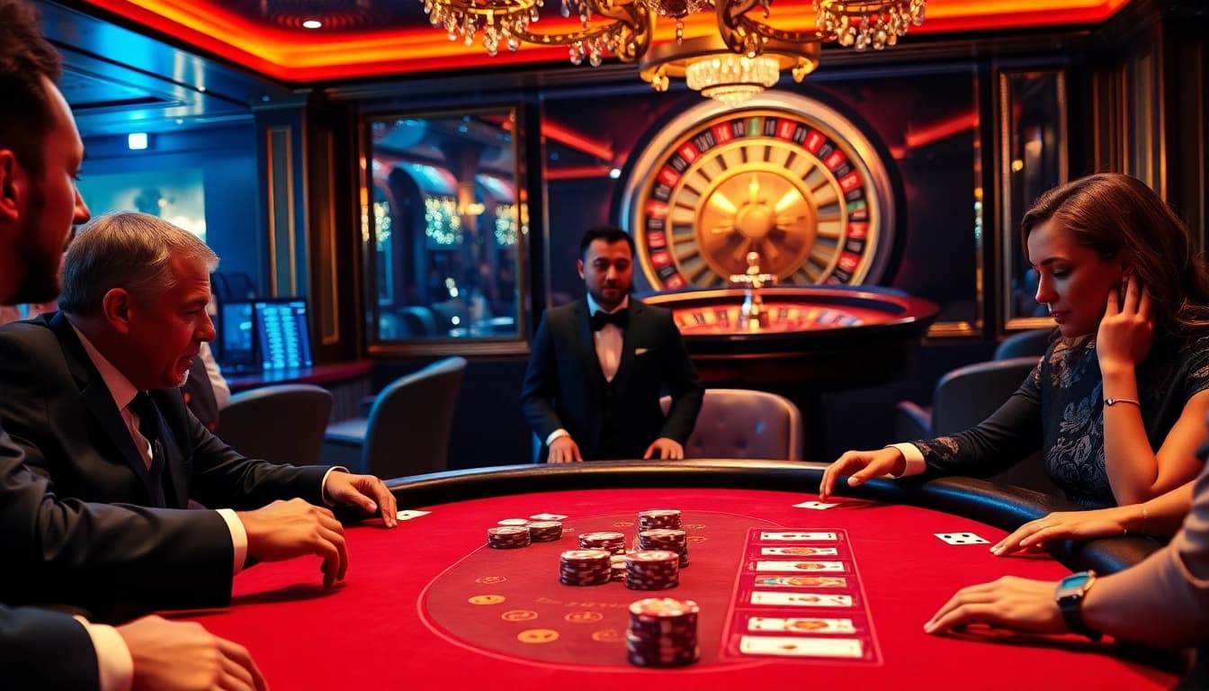 High-stakes poker action at okfun.com casino featuring vibrant poker chips and a roulette wheel.