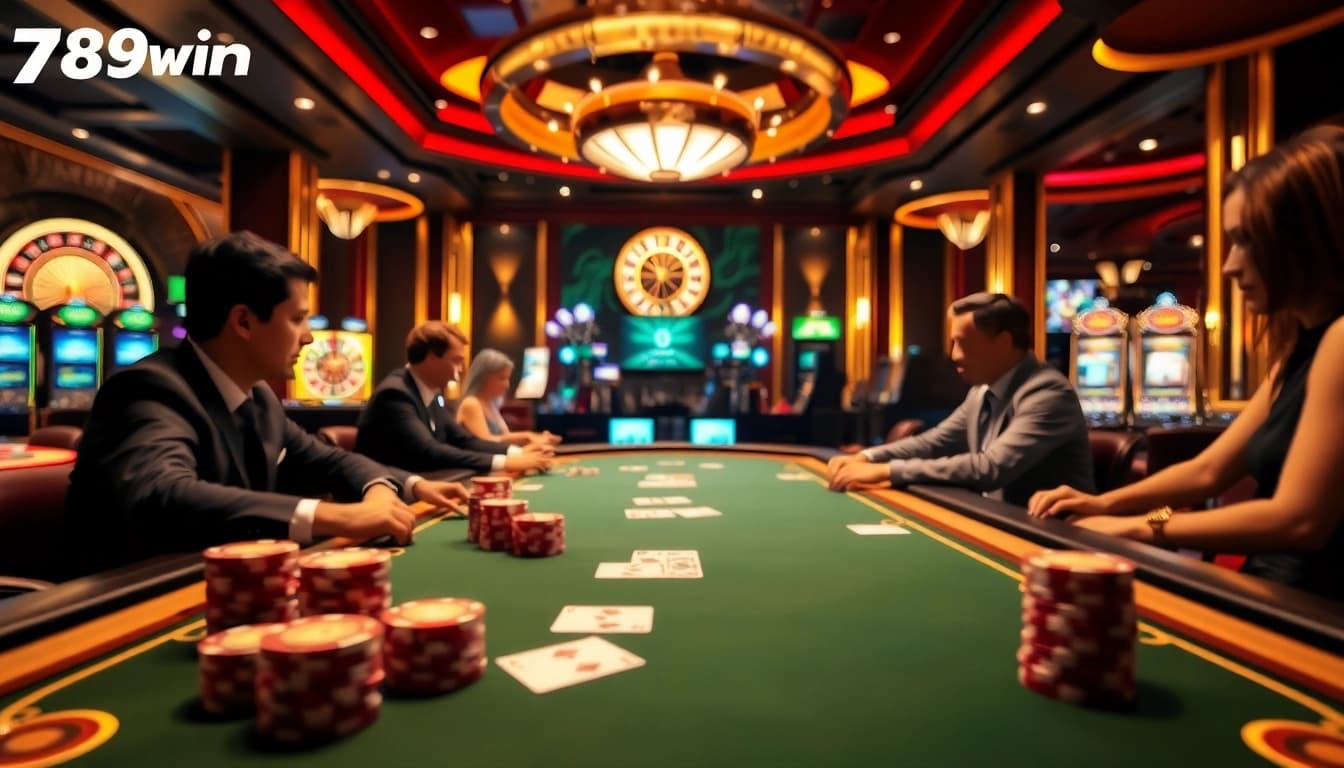 Exciting casino scene featuring players at a table, showcasing Nhà Cái 789win's luxury gambling experience.