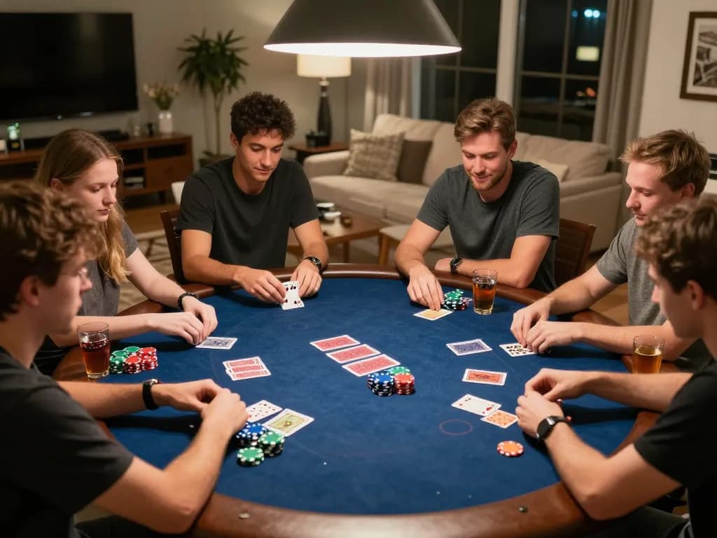 Engaged friends playing poker during home game night at nhà cái xoso66, showcasing strategy and excitement