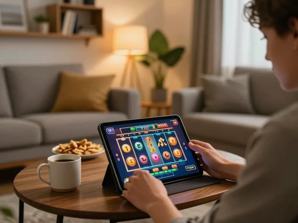 Person enjoys online gaming through net88 on a tablet in a cozy living room.
