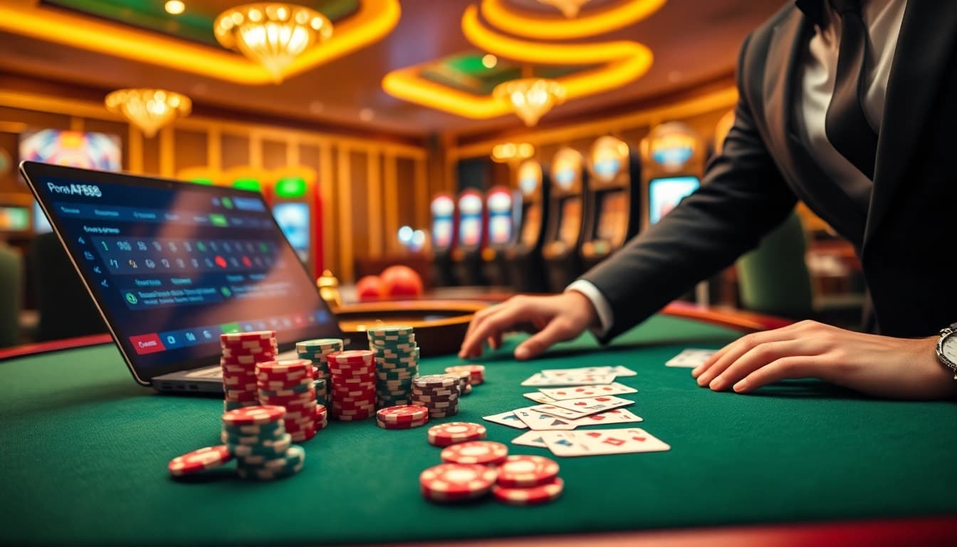Experience the excitement of gambling on the AF88 platform with a vibrant casino atmosphere featuring poker chips and slots.